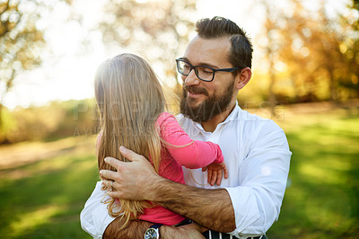 Buy stock photo Outdoor, hug and father carrying girl, nature and bonding together with weekend break. Family, parent and dad in park, daughter and child development with holiday, embrace and explore with adventure