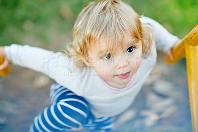 Buy stock photo Girl, toddler and play in outdoor playground for fun time, balance and coordination in walking practice. Explore environment, above and child on park equipment, curious and confident in movement.