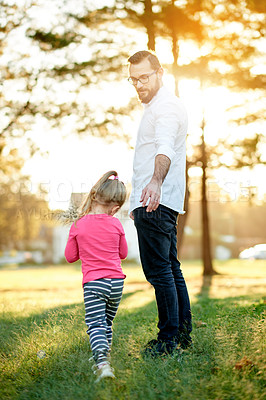 Buy stock photo Back, father and girl in park, walking and bonding together with vacation, adventure and travel. Nature, outdoor and parent with daughter, holiday and dad with kid, child development and relax
