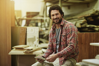 Buy stock photo Carpenter, tablet and happy man in portrait in workshop for manufacturing, trade and online plan for project. Carpentry, tech for design and production workspace for woodworking with furniture repair