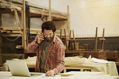 Buy stock photo Carpenter, writing or man with phone call in workshop for material order, client feedback or planning. Woodwork, laptop or talking to supplier for production stock, project discussion and negotiation