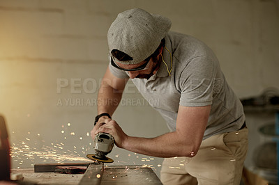 Buy stock photo Welding, metal work and mechanic with grinder in workshop, manual labor and sparks for material transformation. Space, fabrication and man with power tool for repair, production and smooth steel.