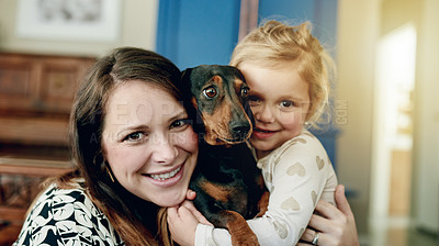 Buy stock photo Portrait, dog and mother with daughter in home for bonding, support and animal care. Happiness, loyalty and pet owner with woman and child with puppy in family house for trust, security and smile