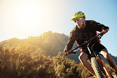 Buy stock photo Mountain bike, training and man with fitness, journey and extreme sports with competition. Person, adrenaline and cyclist with practice, travel or countryside with adventure, challenge and nature