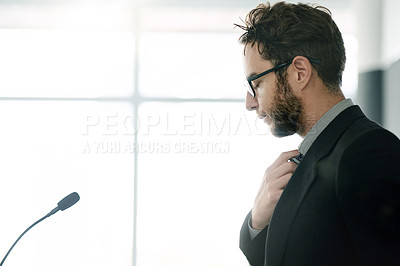 Buy stock photo Presentation, anxiety and man in office with mic, nervous or thinking for company meeting. Speaker, stress and employee in boardroom with inhale, business review or preparation for speech.