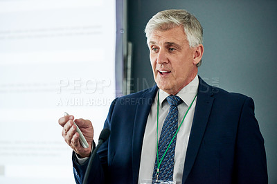 Buy stock photo Presentation, business and mature man in office with screen, communication or strategy for company growth. Speaker, vision or CEO in boardroom with tech, research or feedback for brand improvement.