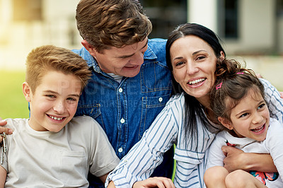 Buy stock photo Outdoor, new home and family with smile, love and gathering with break, lens flare and relax. Parents, children and mother with father, real estate and fun with portrait, property or bonding together