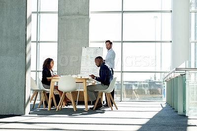 Buy stock photo Meeting, whiteboard and manager with business people in office for strategy, finance review and planning. Corporate, team and workers in presentation for financial growth, feedback and proposal ideas