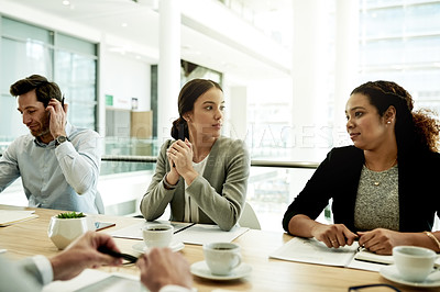 Buy stock photo Office, meeting and business women with idea, investment review or proposal discussion. Team, people and collaboration in workplace for talking, financial strategy and project with staff for POV