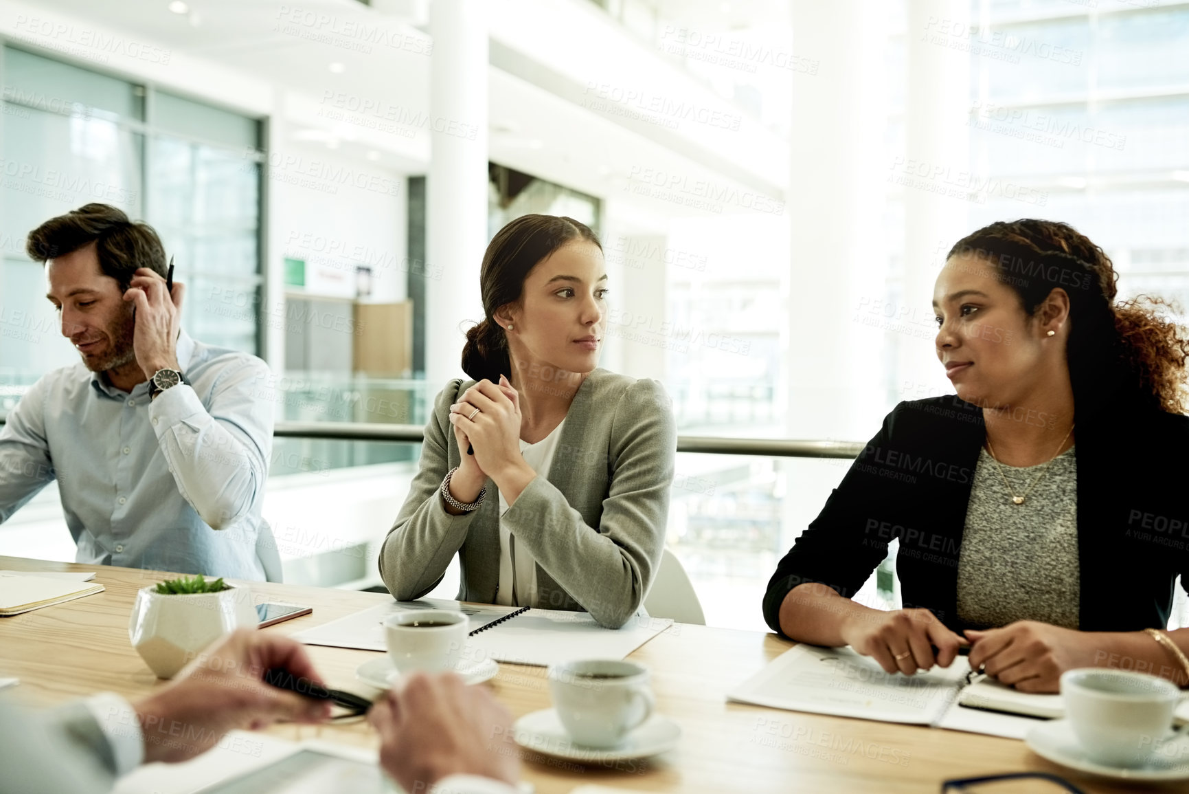 Buy stock photo Office, meeting and business women with idea, investment review or proposal discussion. Team, people and collaboration in workplace for talking, financial strategy and project with staff for POV