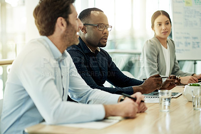 Buy stock photo Man, team and meeting in boardroom with smile, discussion and planning at insurance agency. People, staff group and flare at office with feedback, review and risk management solution at company