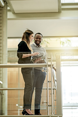 Buy stock photo Business people, tablet and smile on stairs for planning, agenda or feedback for project. Proposal, tech and admin team in office lobby for meeting, schedule update or support for company development