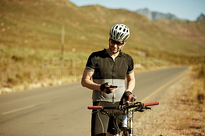 Buy stock photo Bicycle, fitness and man with phone, typing and connection for blog post and social media. Person, cyclist and bike with cellphone, digital app and notification with mobile user and contact for trip