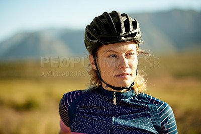 Buy stock photo Cycling, thinking and woman with fitness in nature with cardio break, workout and sightseeing. Space, cyclist and relax with reflection in countryside with triathlon rest, exploring scenery or safety