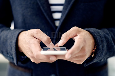 Buy stock photo Network, hands and businessperson in office with smartphone for texting on social media website. Email, search or closeup of consultant with mobile in workplace for message, technology or chat on app