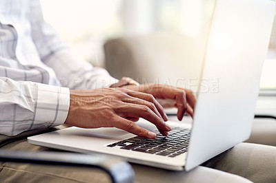 Buy stock photo Hands, typing or businessman with laptop in office for research, consulting advice or legal aid. Court case, lawyer or male attorney with technology in company with advisor and update for review