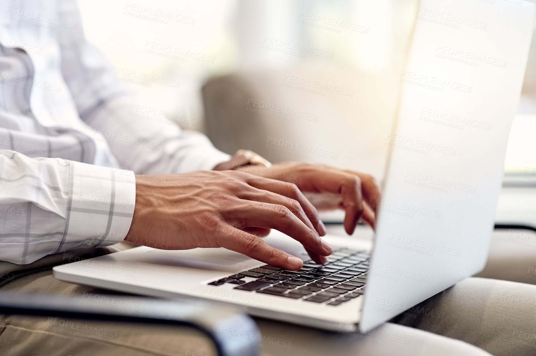 Buy stock photo Hands, typing or businessman with laptop in office for research, consulting advice or legal aid. Court case, lawyer or male attorney with technology in company with advisor and update for review