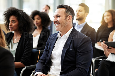 Buy stock photo Business man, audience and listening to seminar for upskill training, finance insight and learning. Financial expo, crowd and person with attention at event for wealth knowledge or career development
