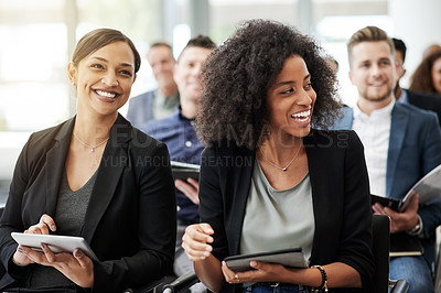 Buy stock photo Women, smile and business people with conference, audience and notes for seminar event. Workshop, convention and laughing with crowd, tablet feedback and b2b support for presentation or pitch