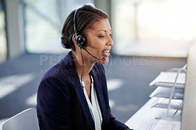 Buy stock photo Business, woman and conversation at callcenter with contact, communication or customer support. Headset, advice and female consultant at computer for help desk, information and telecom with flare