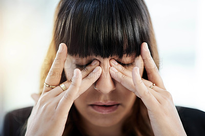 Buy stock photo Tension, eye strain and business woman in office, exhausted with brain fog and pain. Frustrated, tired person and headache with stress, anxiety and fatigue for crisis with project issue in workplace