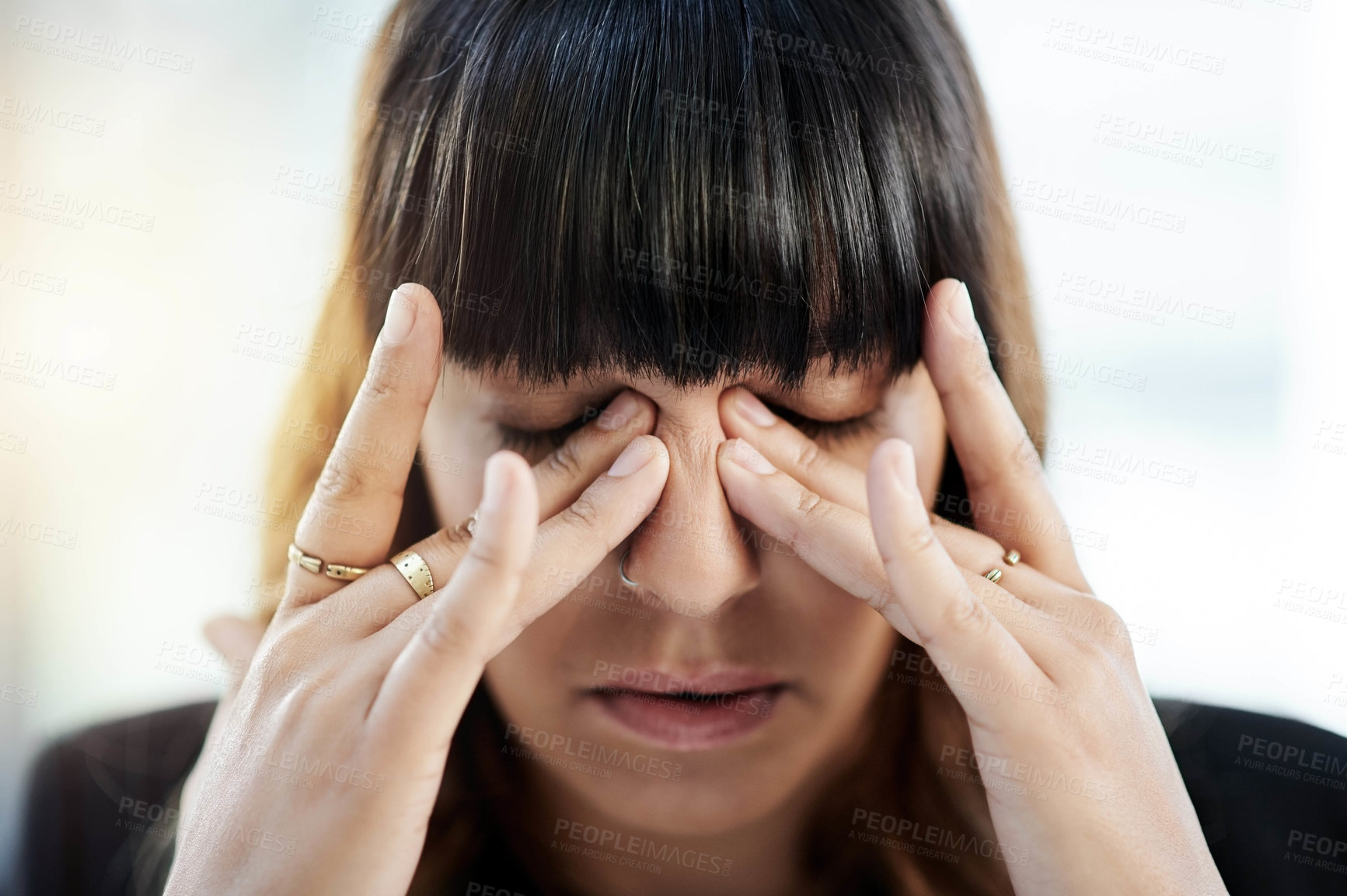 Buy stock photo Tension, eye strain and business woman in office, exhausted with brain fog and pain. Frustrated, tired person and headache with stress, anxiety and fatigue for crisis with project issue in workplace