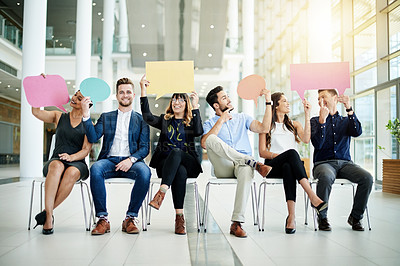 Buy stock photo Speech bubble, space and business people in office for hiring, blank review or hr vote. Staff recruitment, talking or happy candidates with chat sign for social media, feedback or mockup in workplace