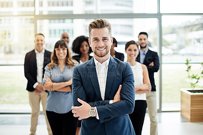Buy stock photo Office, leader or happy man with arms crossed for corporate team, portrait or finance agency. Smile, confident financial advisor or proud manager in accounting firm for company or skill development