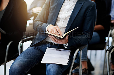 Buy stock photo Hands, person and reading notes in meeting for schedule update, conference agenda and proposal. People, notebook and paperwork for business training, seminar presentation and information at workshop