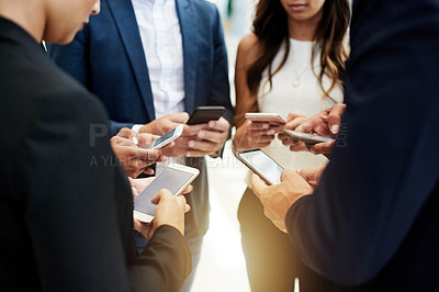 Buy stock photo Business people, hands or huddle with phone for data sync, connection or online platform in office. Group, employees or circle with team on mobile smartphone for social media, network or sharing app