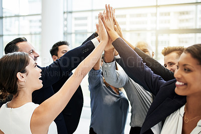 Buy stock photo Business people, team building and high five in office for success, celebration and support. Group, happy workers and hands together for collaboration, motivation and goal achievement with target