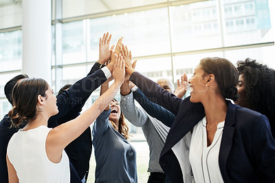 Buy stock photo Business people, group and high five in office for success, celebration and support. Team building, excited workers and hands together for collaboration, motivation and goal achievement with target