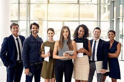 Buy stock photo Happy, business and people in office with technology, about us and portrait for company website. Smile, management and recruitment team in lobby with tablet, corporate diversity and introduction.