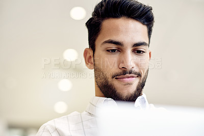 Buy stock photo Happy, employee and man with tech in office, graphic designer and planning for project on website. Creative, UX design and person with laptop for brand identity, digital and assignment in business