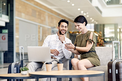 Buy stock photo Laptop, phone and business people in airport for conference, travel and email confirmation. Online booking, seminar schedule and luggage with man, woman and tech for reservation information in lobby