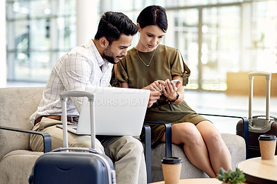 Buy stock photo Phone, friends or business people in airport lounge for networking event, summit or convention. Flight schedule, laptop or employees with suitcase in lobby for international conference or travel time