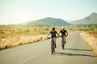 Buy stock photo Cycling, fitness and travel with couple in nature for adventure, race team and cardio workout. Exercise, training and bike with man and woman in countryside for athlete, sports and bicycle space