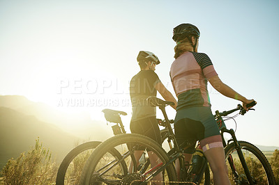 Buy stock photo Travel, fitness and couple with bicycle, nature and active for wellness, ride and helmet for safety. Flare, space and people with eco friendly transport, back and adventure with bike or outdoor