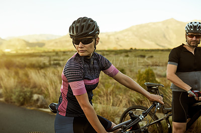 Buy stock photo Cycling, sunglasses and woman with bicycle in nature for hobby, workout and outdoor training. Sports gear, fitness and person with man on bike for exercise, journey and challenge in countryside