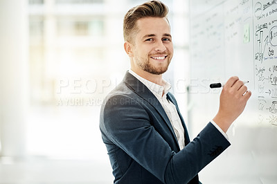 Buy stock photo Business, whiteboard and man with smile, portrait and equation for profit growth. Person, investment or employee in office, planning or brainstorming for revenue increase, space or problem solving