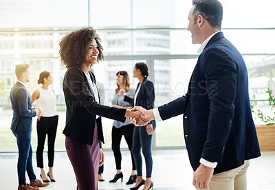 Buy stock photo Businessman, woman and handshake for deal at office, welcome and introduction with smile. People, human resource manager and shaking hands with hello, thanks or b2b collaboration at corporate agency
