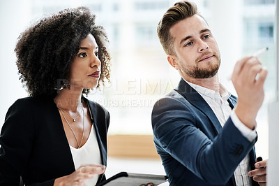 Buy stock photo Writing, brainstorming and business people in meeting for ideas, finance proposal and feedback. Office, collaboration and man with woman on tablet for financial planning, revenue insight and budget