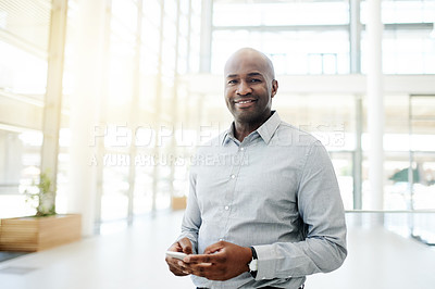 Buy stock photo Portrait, phone and black man in office for business policy, finance regulations or compliance officer. Feedback, research and mobile website with person at insurance company for risk management