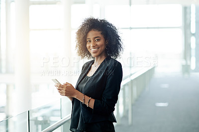 Buy stock photo Portrait, phone and business woman in office for compliance officer, finance regulations and policy. Communication, research and mobile website with person at insurance company for risk management