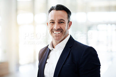 Buy stock photo Business, portrait and smile of mature man in lobby of convention center for management symposium. Corporate, experience and face of happy CEO or manager at conference for development or seminar