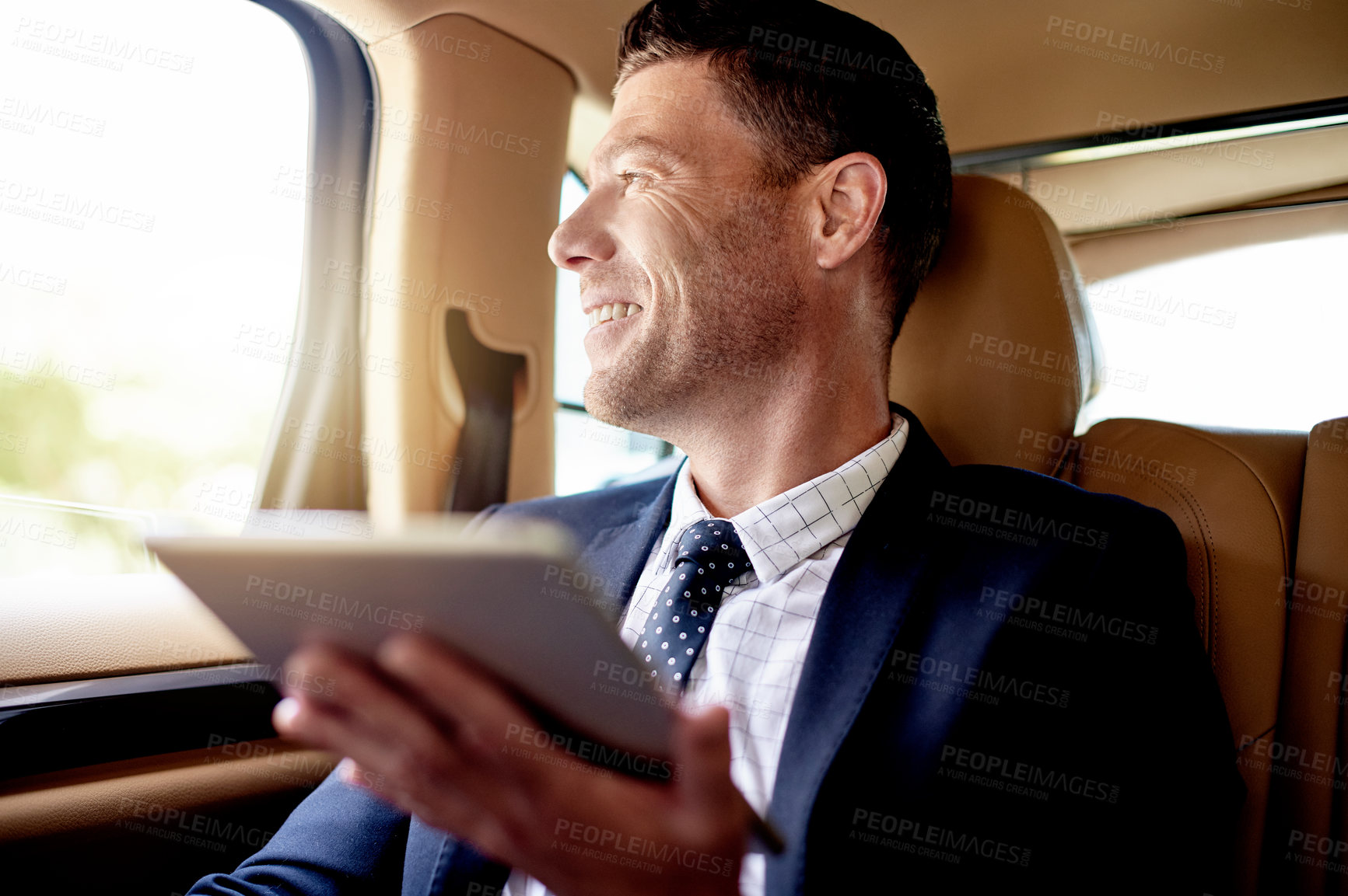 Buy stock photo Tablet, thinking and business man in car for chauffeur service, vision and vip passenger. Concierge fleet, event schedule or security transport with mature person for conference arrival time and idea