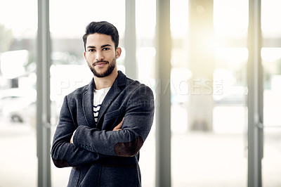 Buy stock photo Crossed arms, smile and portrait of businessman in office with confidence for finance career. Happy, professional and male financial manager with pride for corporate job opportunity in workplace.