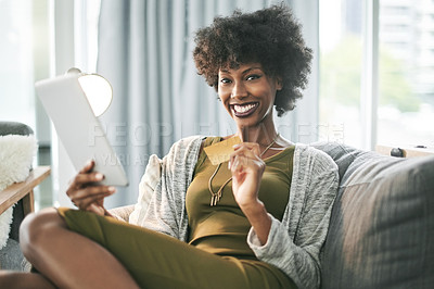 Buy stock photo Portrait, credit card and black woman on tablet for online shopping, internet purchase and digital sale. Home, sofa and happy person on tech for ecommerce, order payment and discount on website store