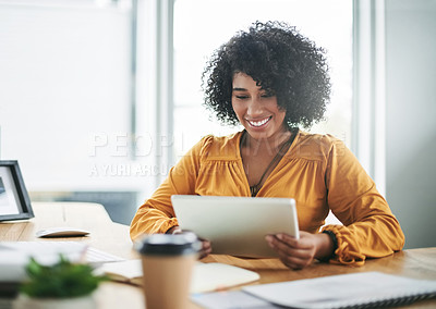 Buy stock photo Agency, smile and tablet with woman editing at desk in office for online fashion magazine. App, internet and publication with happy editor in workplace to post or review article for virtual column