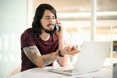 Buy stock photo Businessman, talking and phone call with laptop in office for communication, networking and discussion. Digital designer, person and contact for review, planning and social marketing campaign